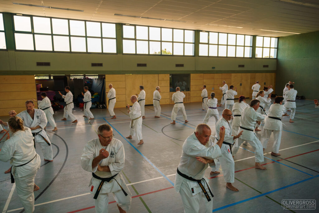 Intensivlehrgang Lebach 2025 mit Roman Adam, 8. Dan DKV (Deutscher Karate Verband), zwischendurch werden die traditionellen Reihen immer wieder aufgebrochen. Hier die Drehung beim Sprung der Meikyo.